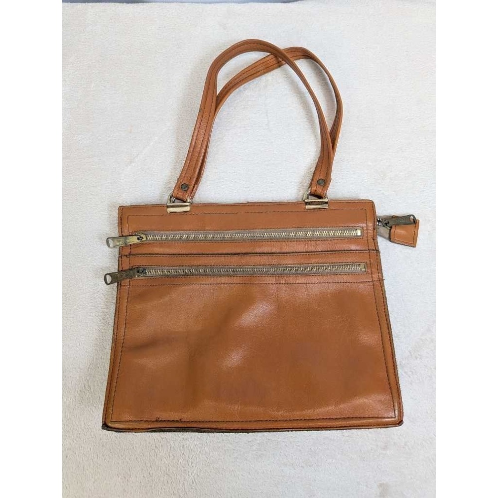 Vintage Brown Leather Shoulder Bag - Multi Zip Tote Purse